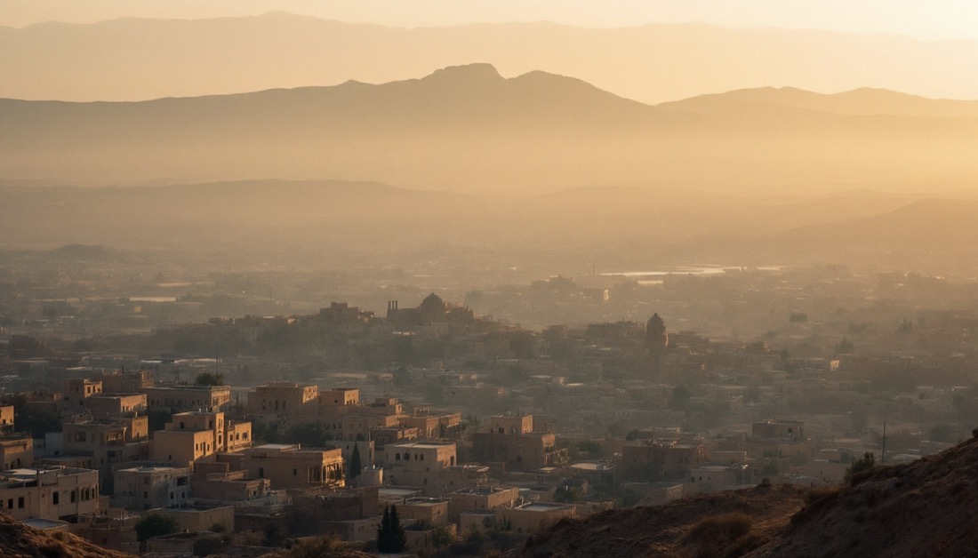 شارێکی چیایی لە کاتی ئاوابوونی خۆردا، لە دوورەوە زنجیرە چیاکان